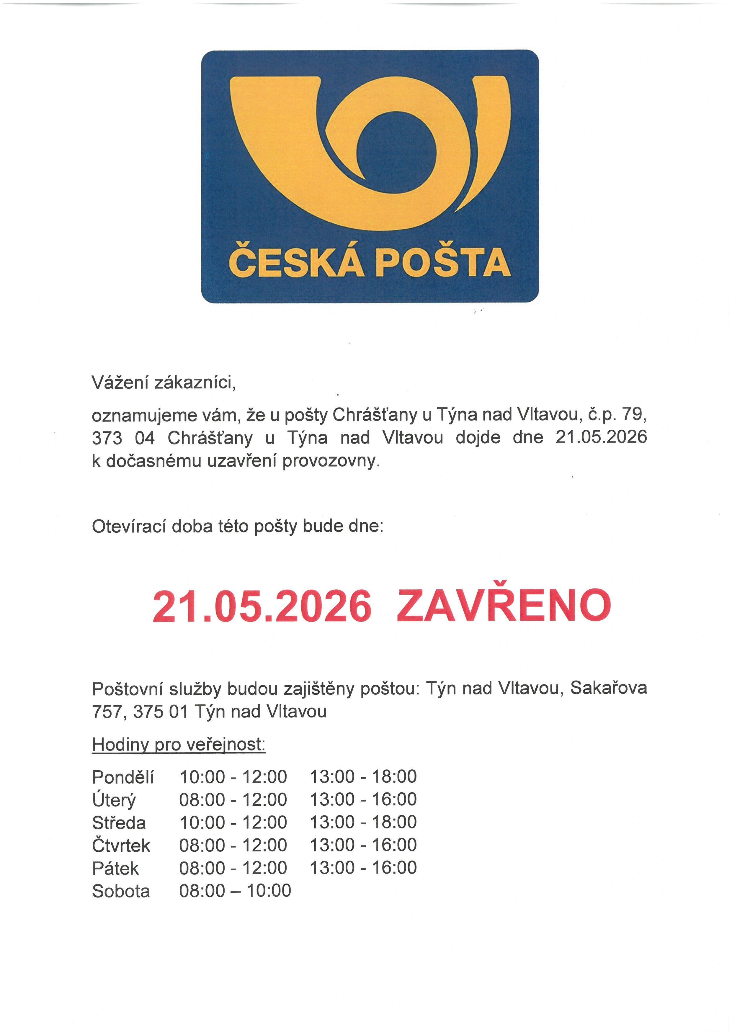 DOČASNÉ UZAVŘENÍ POBOČKY ČESKÉ POŠTY V CHRÁŠŤANECH