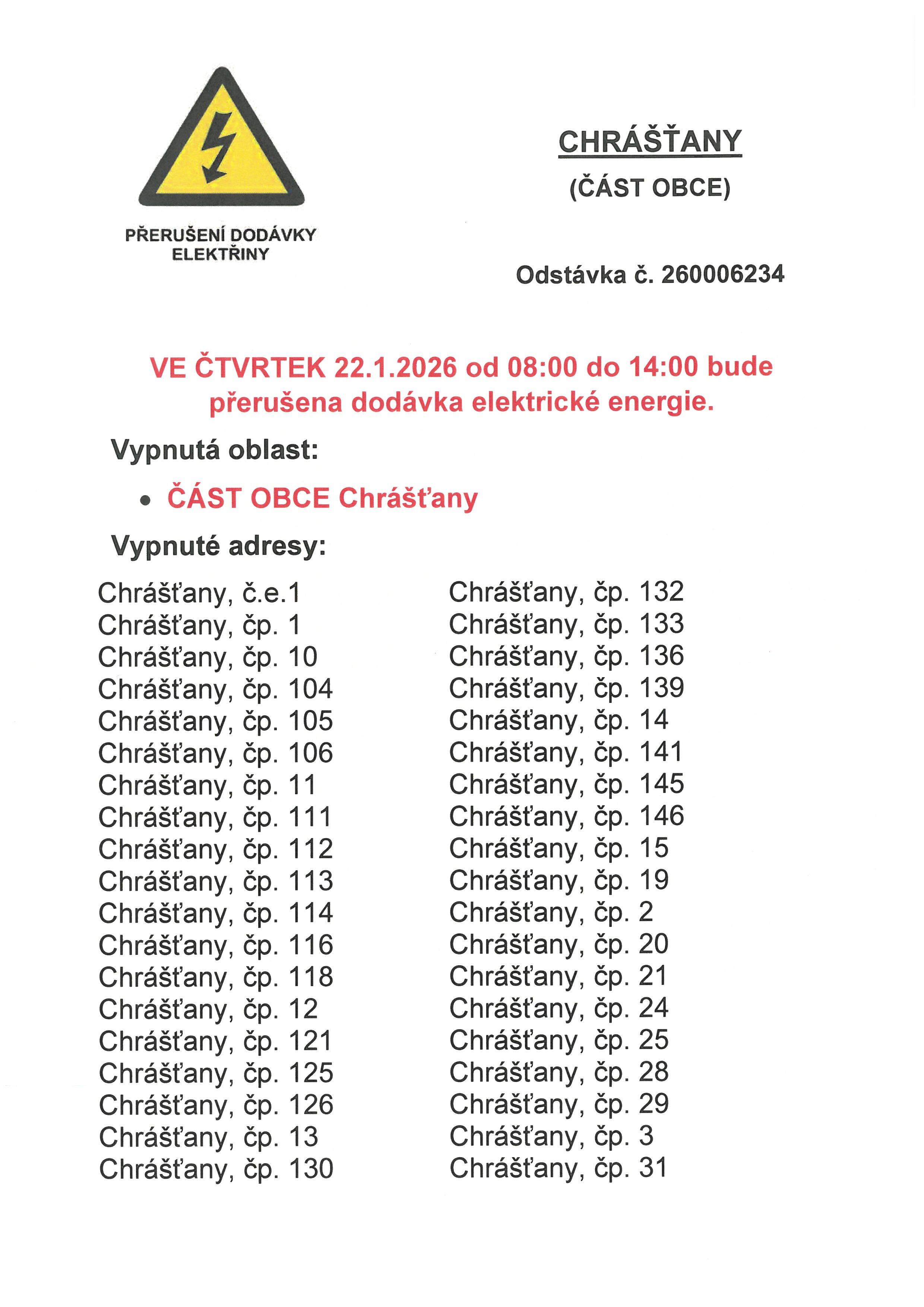 PŘERUŠENÍ DODÁVKY ELEKTRICKÉ ENERGIE V OBCI CHRÁŠŤANY 22.01.2026