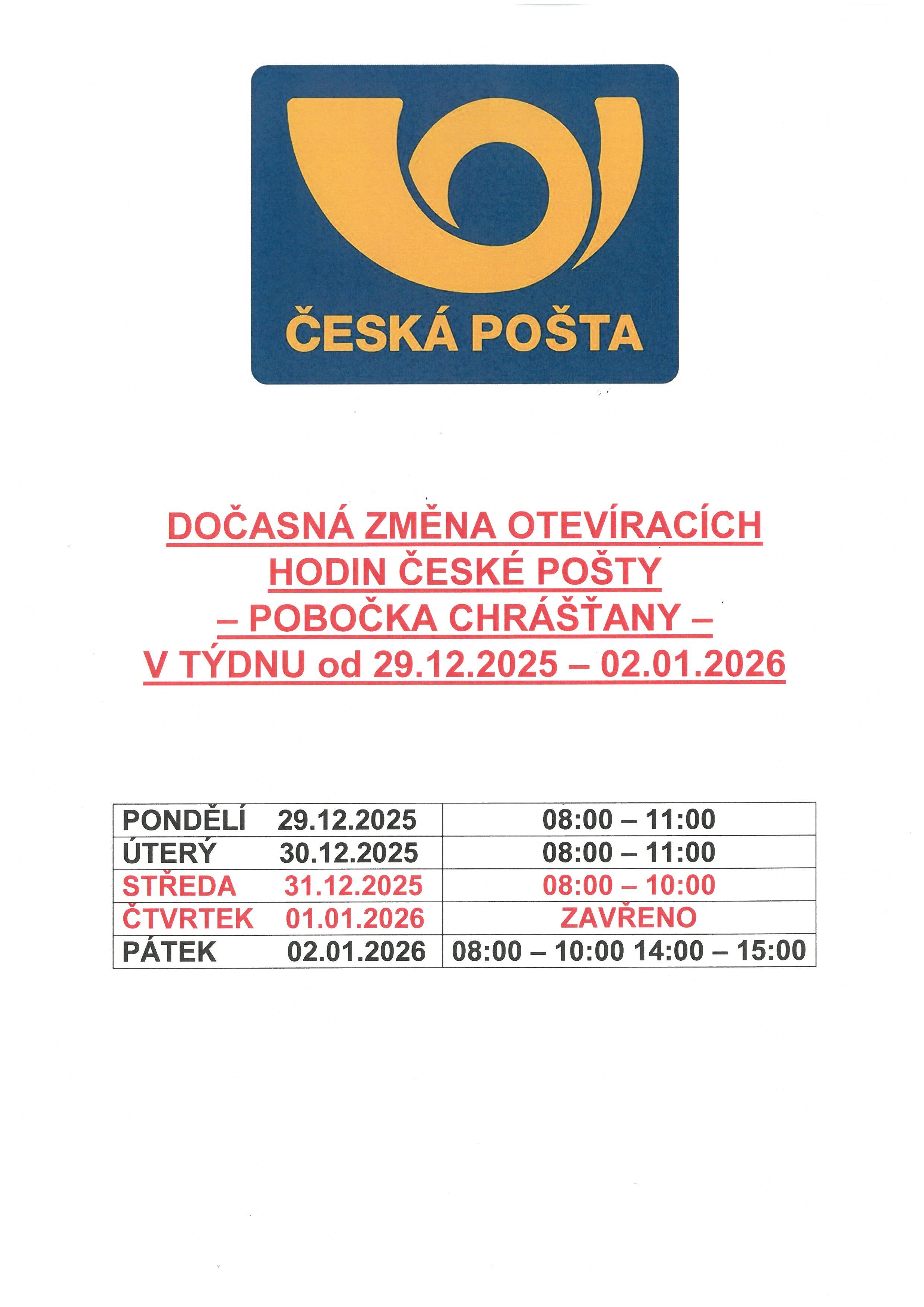 DOČASNÁ ZMĚNA OTEVÍRACÍCH HODIN ČESKÉ POŠTY - 31.12.2025