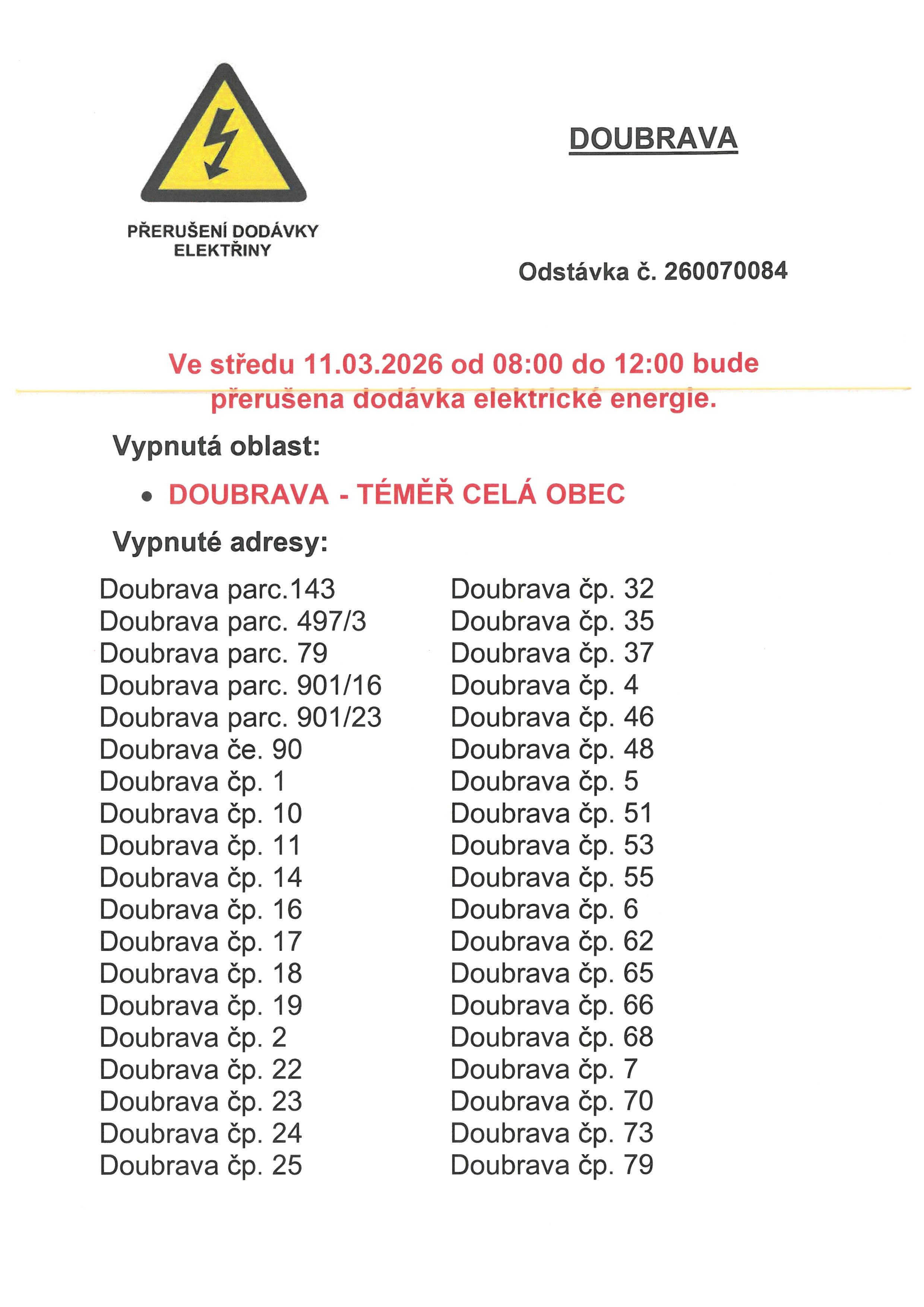 PŘERUŠENÍ DODÁVKY EL.ENERGIE -DOUBRAVA 11.03.2026