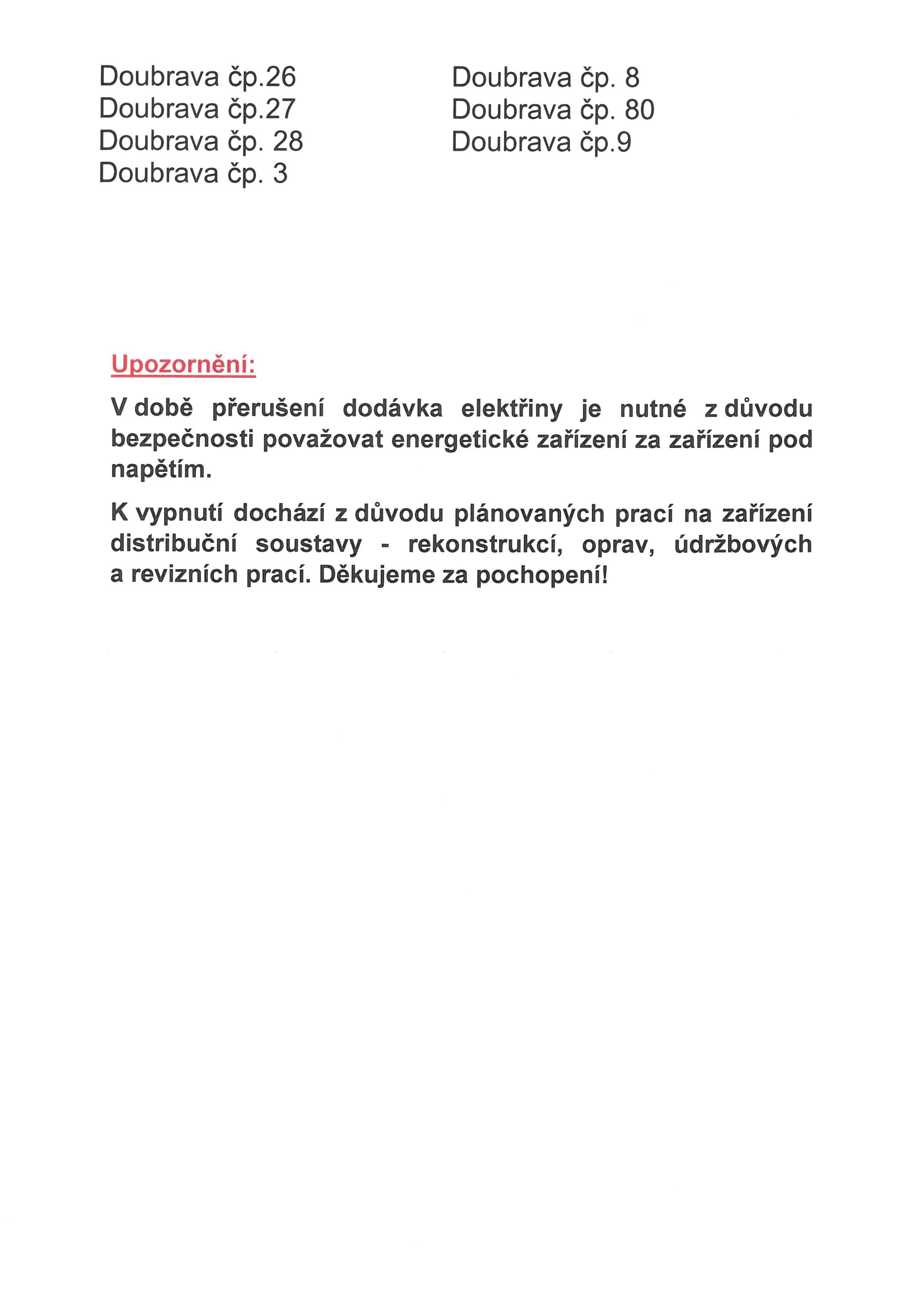 PŘERUŠENÍ DODÁVKY EL.ENERGIE -DOUBRAVA 11.03.2026