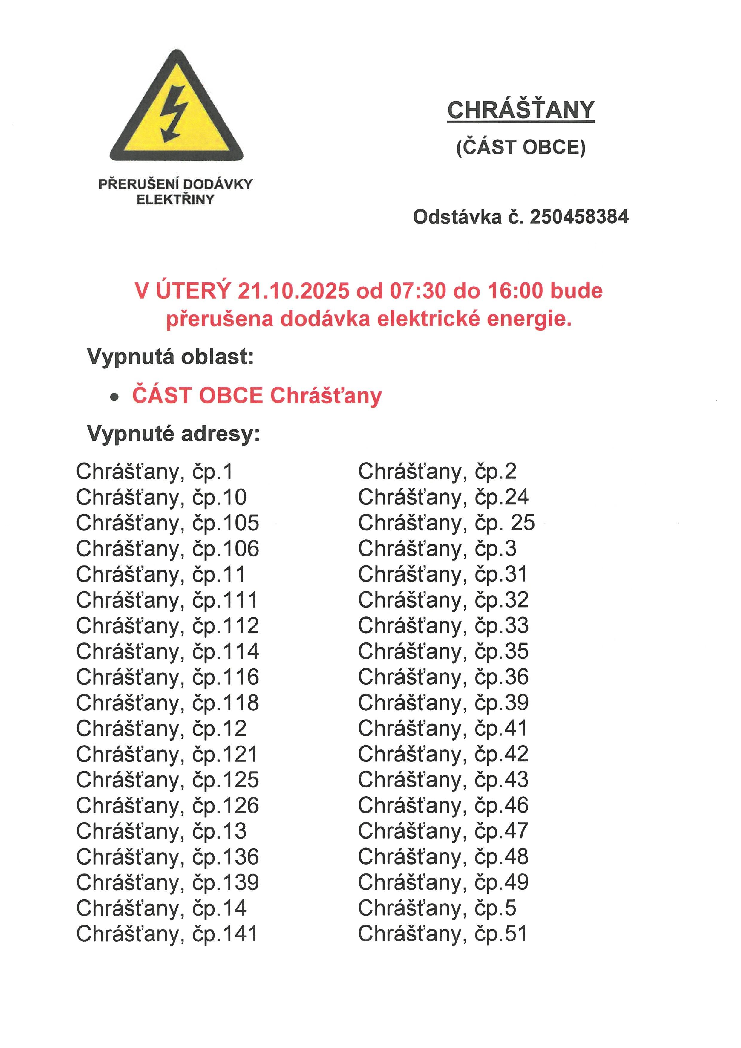 PŘERUŠENÍ DODÁVKY ELEKTRICKÉ ENERGIE V OBCI CHRÁŠŤANY