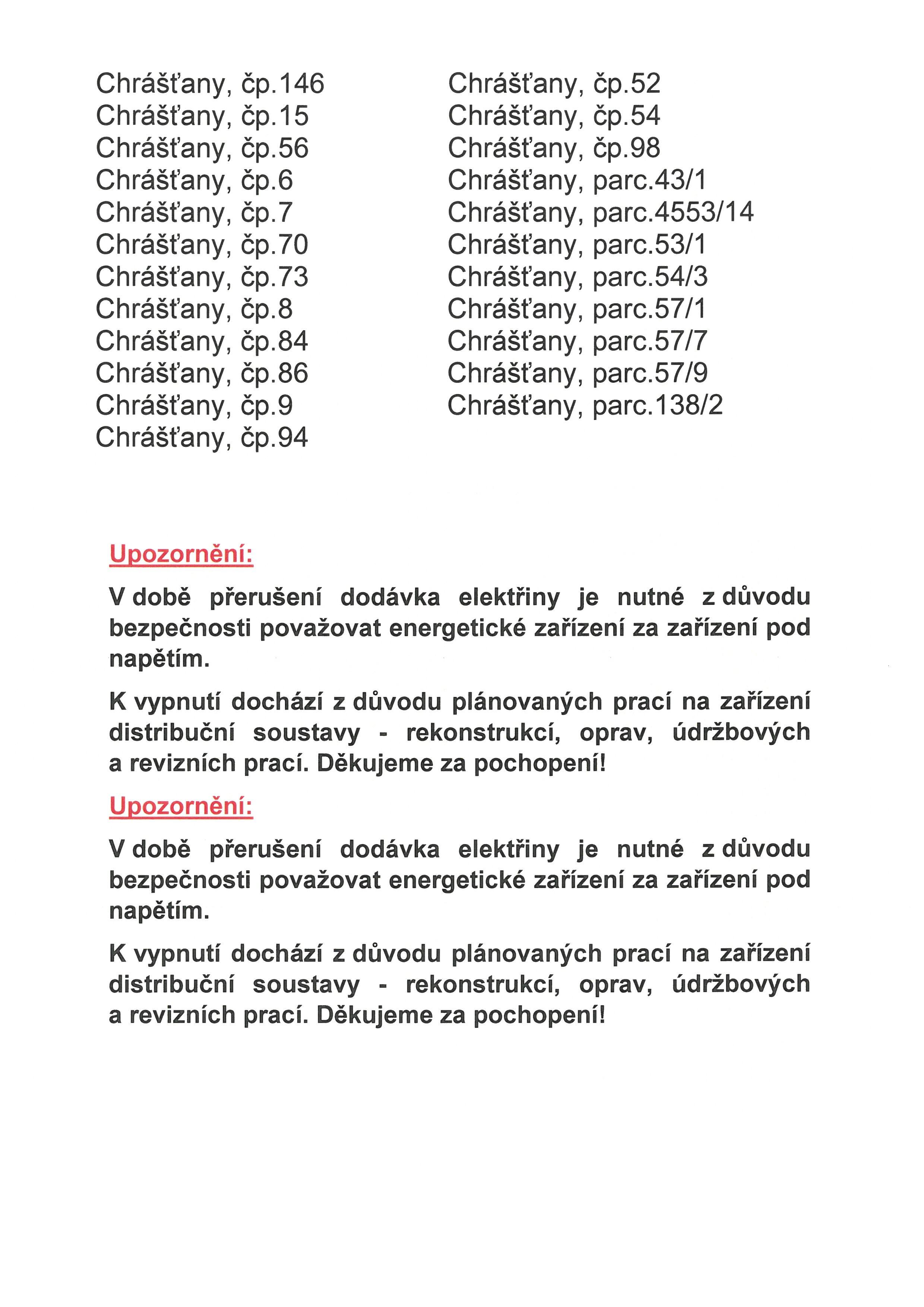 PŘERUŠENÍ DODÁVKY ELEKTRICKÉ ENERGIE V OBCI CHRÁŠŤANY