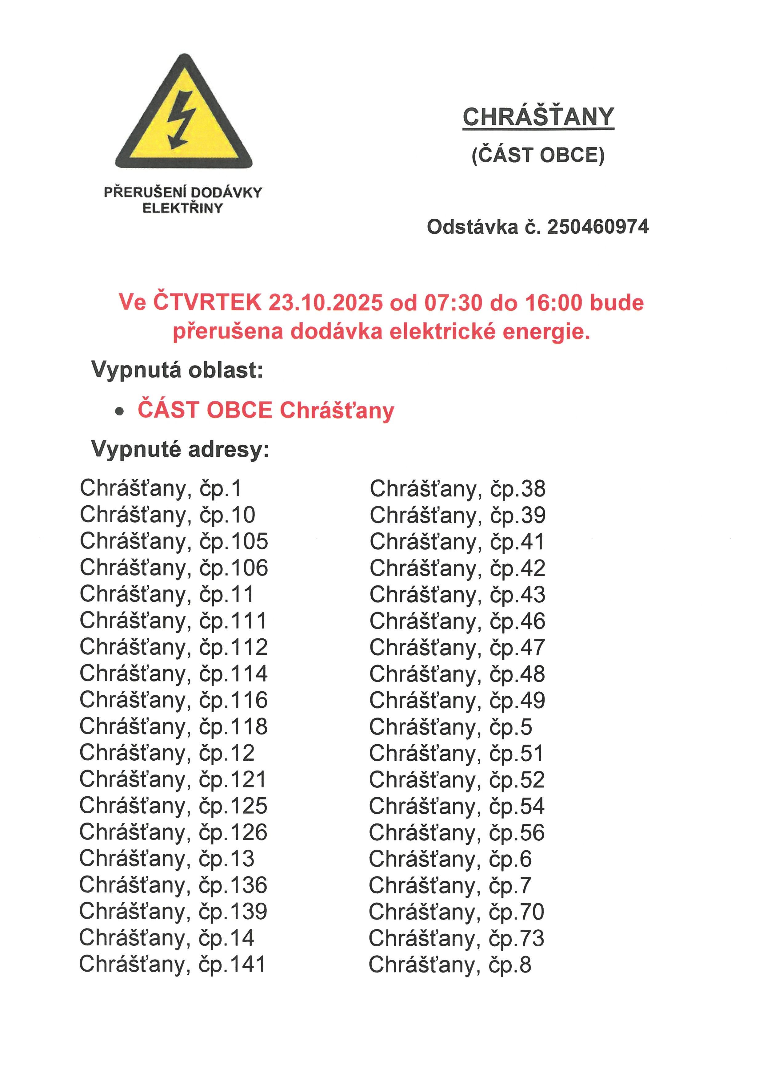 PŘERUŠENÍ DODÁVKY ELEKTRICKÉ ENERGIE V OBCI CHRÁŠŤANY 23.10.2025