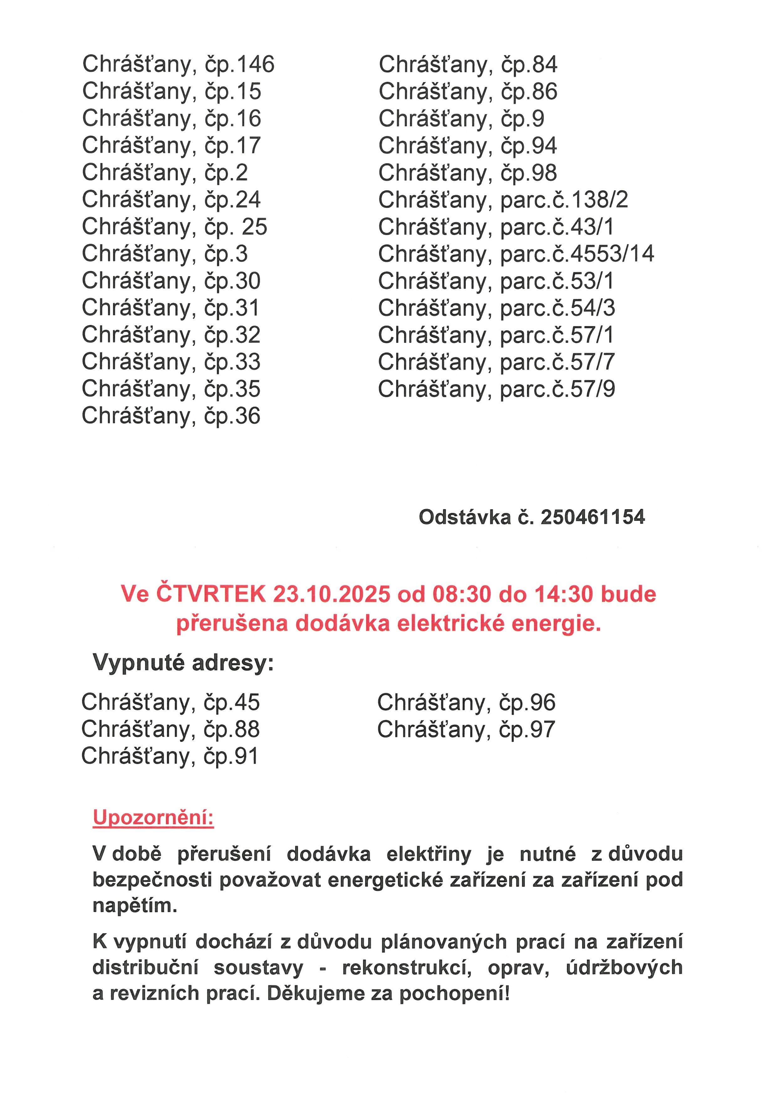 PŘERUŠENÍ DODÁVKY ELEKTRICKÉ ENERGIE V OBCI CHRÁŠŤANY 23.10.2025