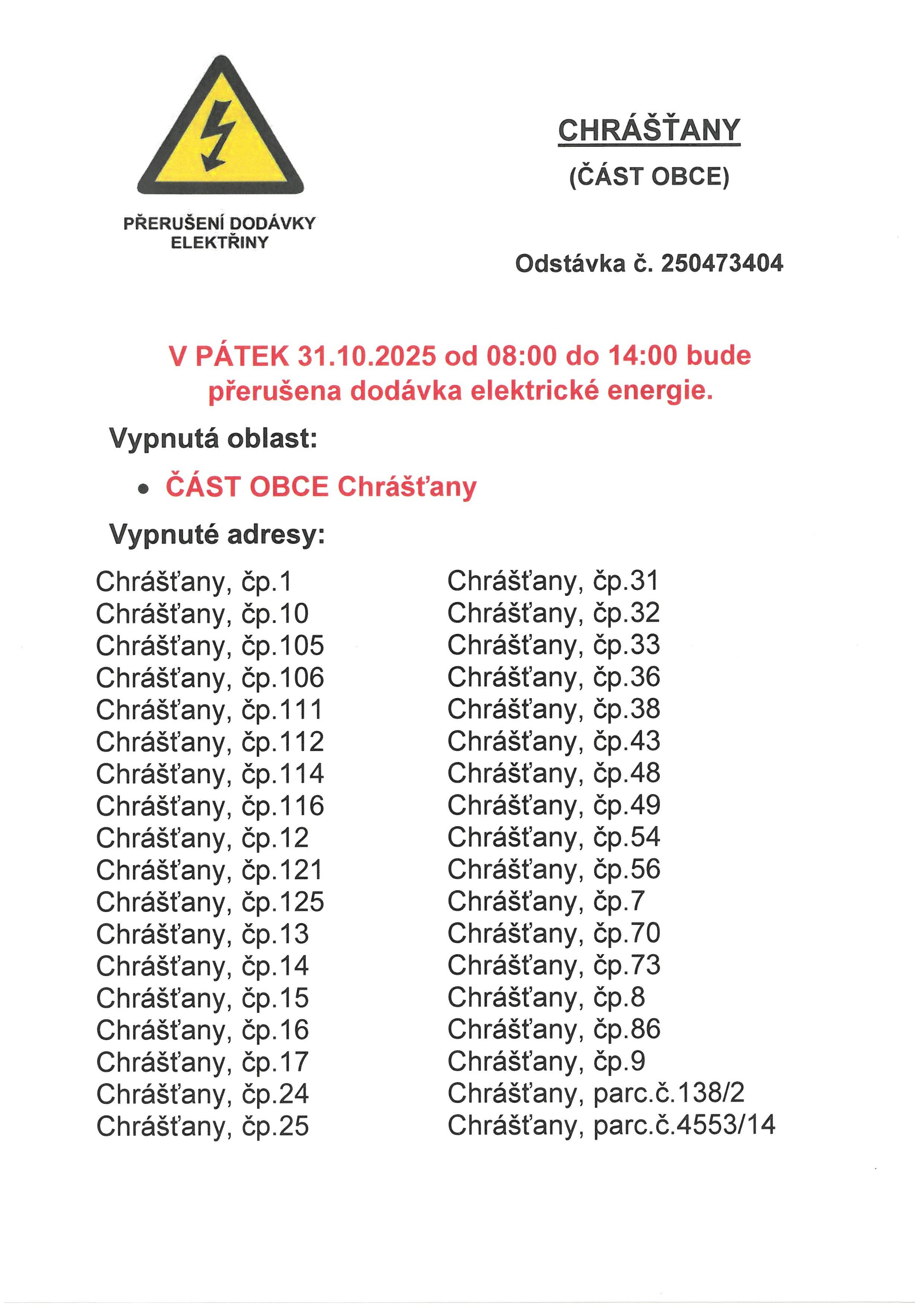 PŘERUŠENÍ DODÁVKY ELEKTRICKÉ ENERGIE V OBCI CHRÁŠŤANY 31.10.2025