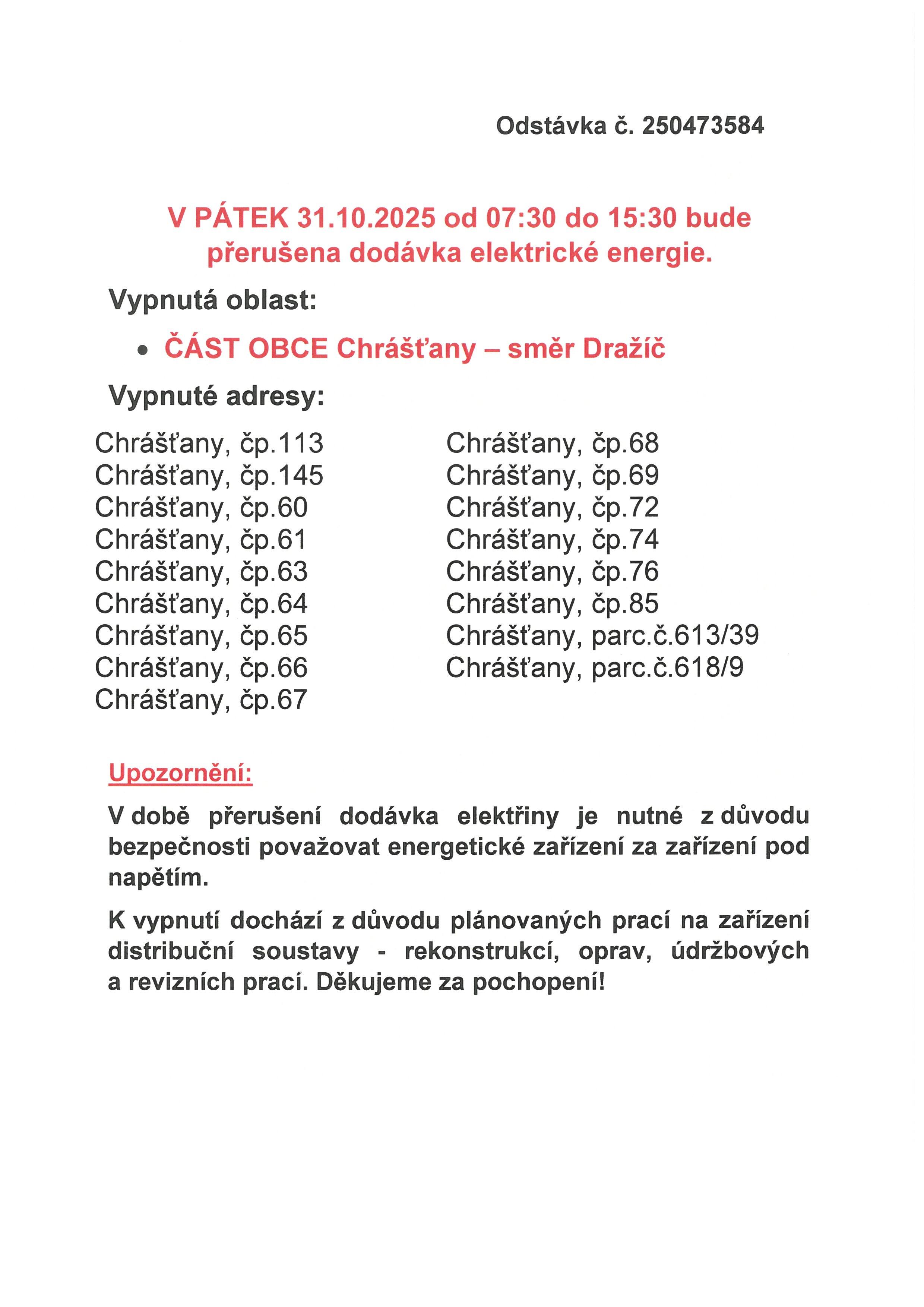 PŘERUŠENÍ DODÁVKY ELEKTRICKÉ ENERGIE V OBCI CHRÁŠŤANY 31.10.2025