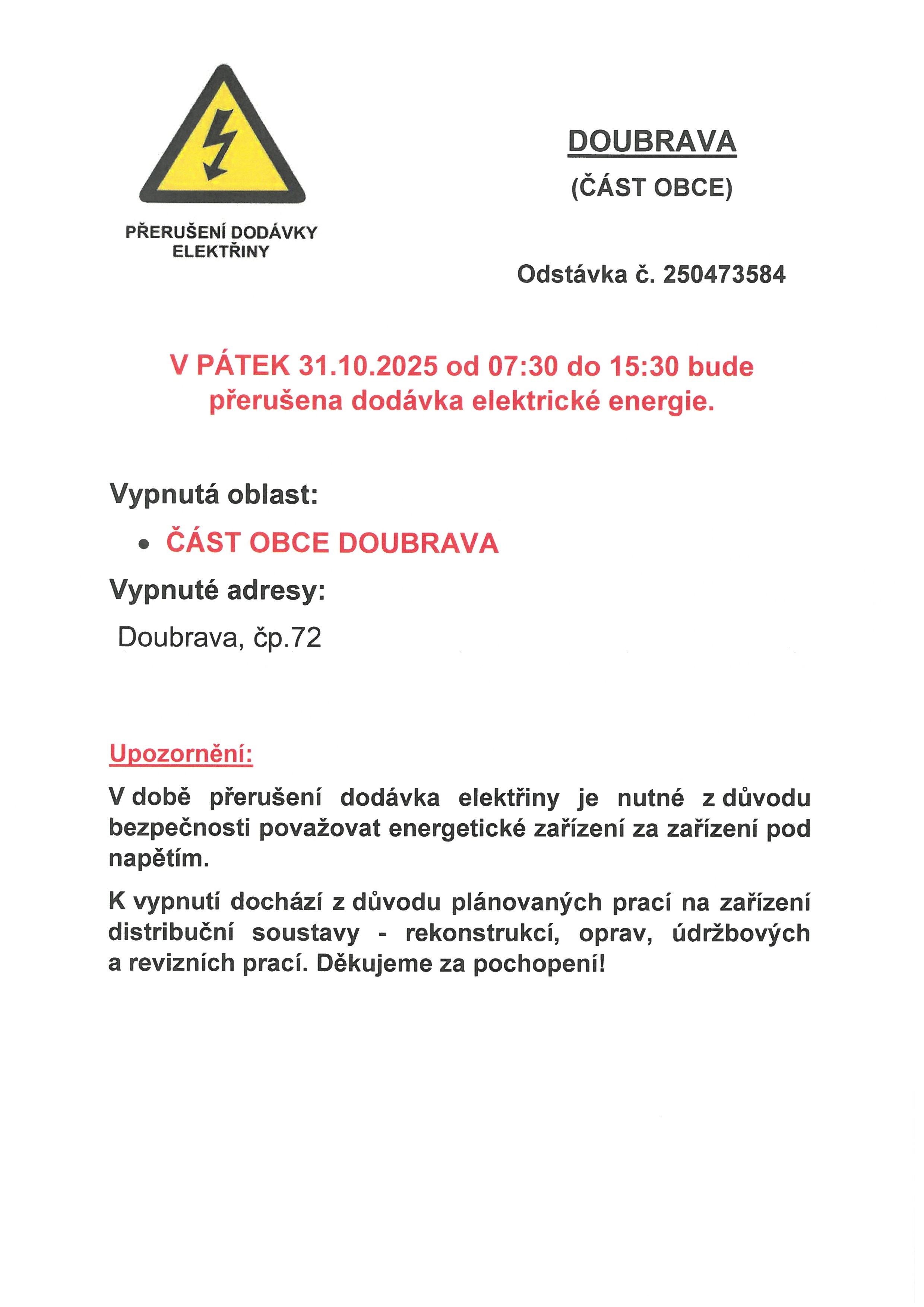 PŘERUŠENÍ DODÁVKY ELEKTRICKÉ ENERGIE V OBCI DOUBRAVA - 31.10.2025