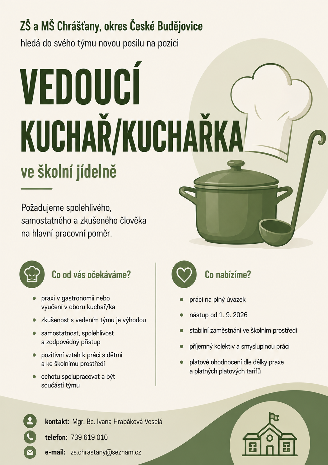 NABÍDKA PRACOVNÍ POZICE - VEDOUCÍ KUCHAŘ/KA VE ŠKOLNÍ JÍDELNĚ ZŠ MŠ CHRÁŠŤANY