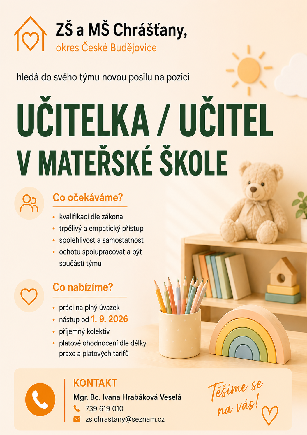 NABÍDKA PRACOVNÍ POZICE - UČITEL/KA V MATEŘSKÉ ŠKOLE CHRÁŠŤANY