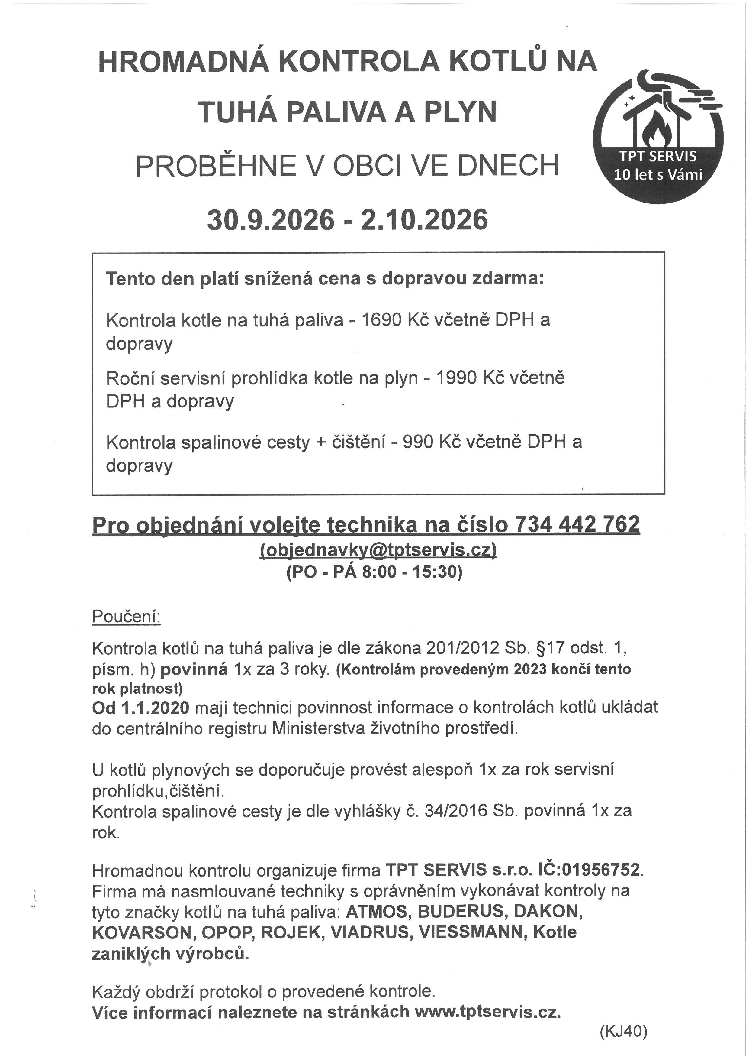 HROMADNÁ KONTROLA KOTLŮ 30.09.2026 - 02.10.2026