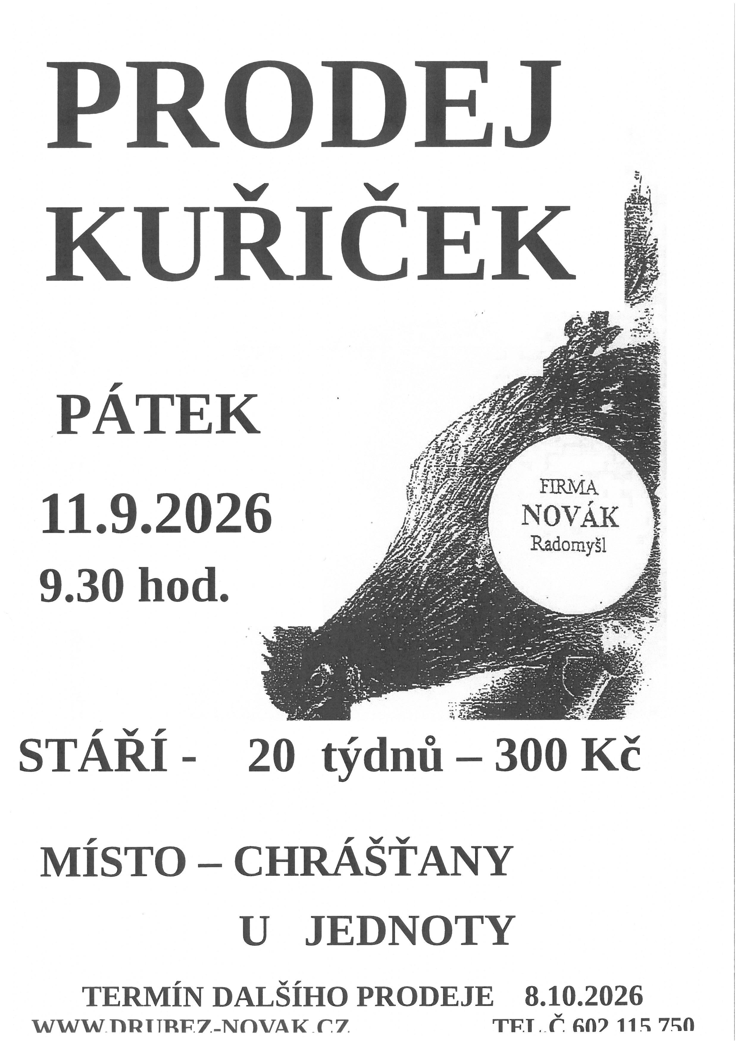PRODEJ KUŘIČEK V OBCI CHRÁŠŤANY