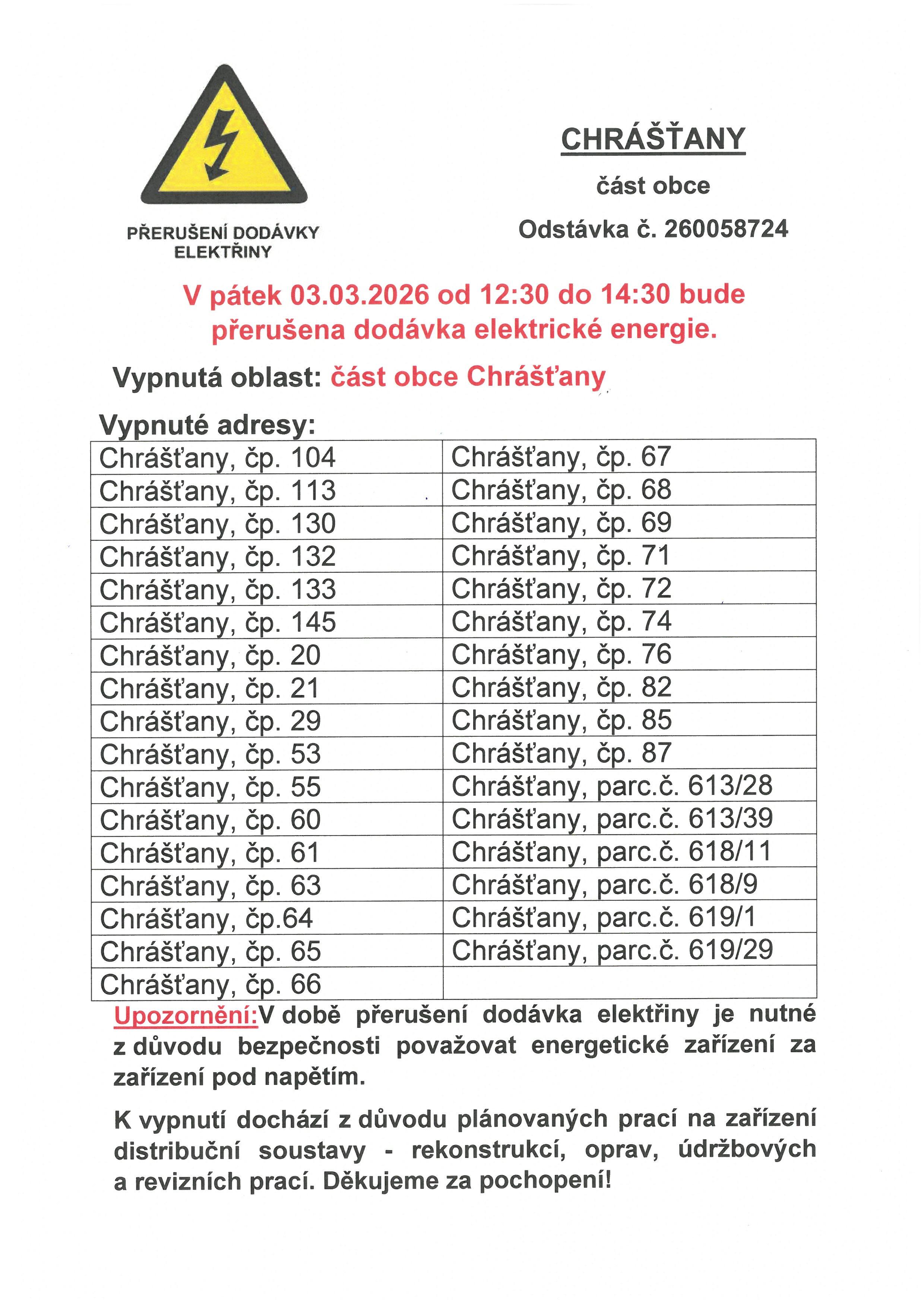 PŘERUŠENÍ DODÁVKY ELEKTRICKÉ ENERGIE 03.03.2026 CHRÁŠŤANY