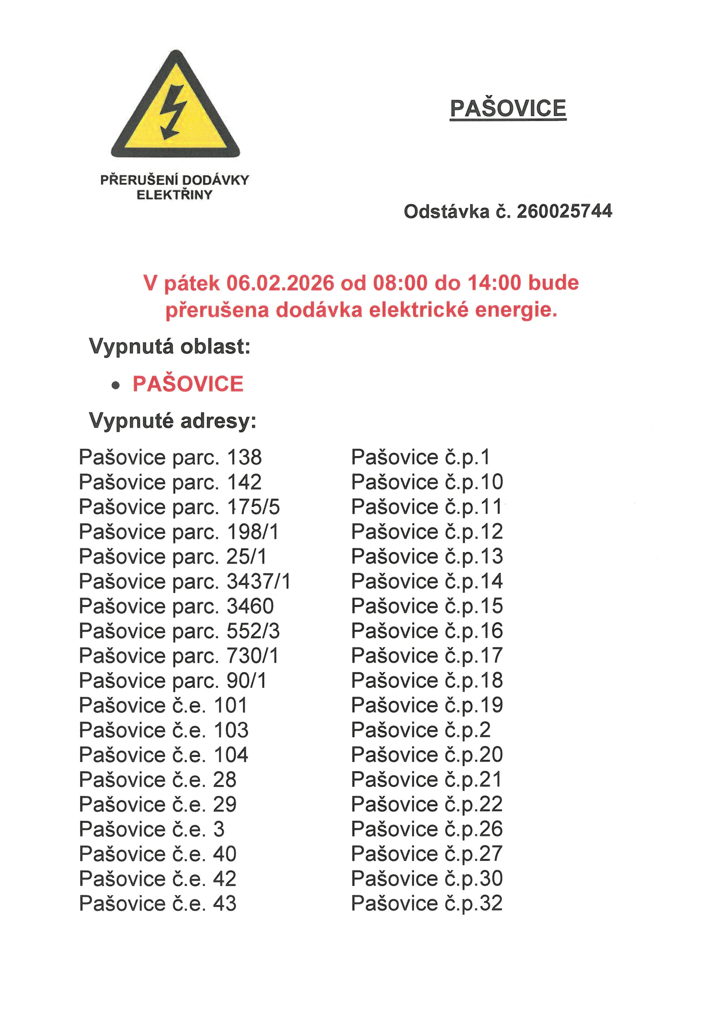PŘERUŠENÍ DODÁVKY ELEKTRICKÉ ENERGIE V OBCI PAŠOVICE 06.02.2026
