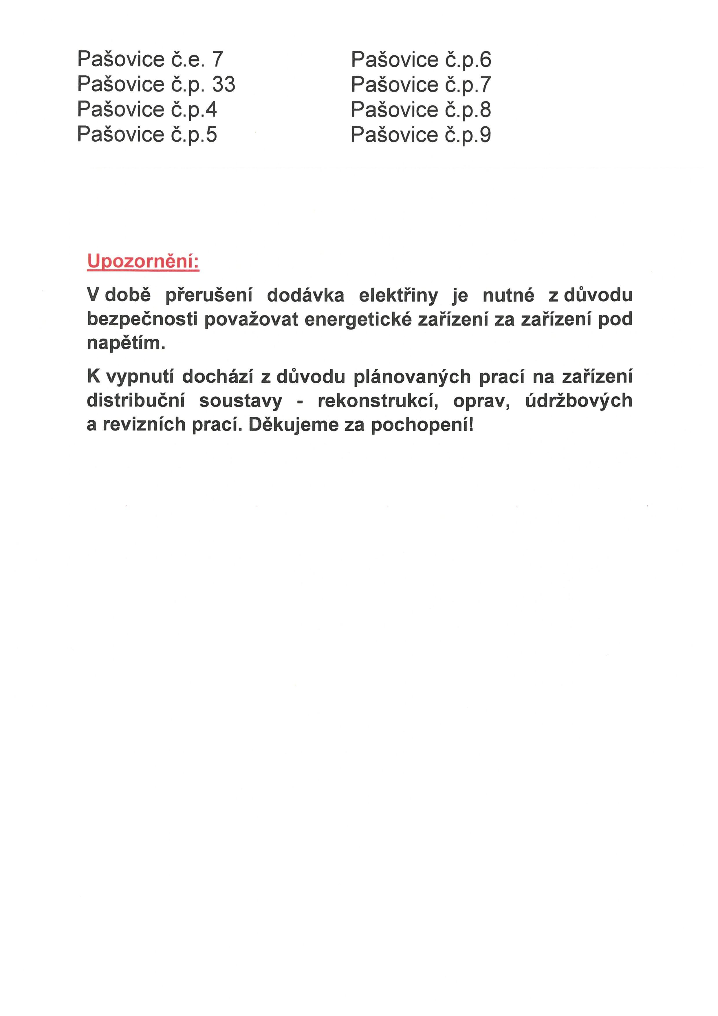 PŘERUŠENÍ DODÁVKY ELEKTRICKÉ ENERGIE V OBCI PAŠOVICE 06.02.2026