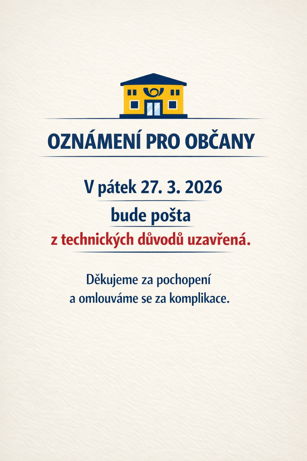 UZAVŘENÍ POBOČKY ČESKÉ POŠTY V CHRÁŠŤANECH V PÁTEK 27.03.2026