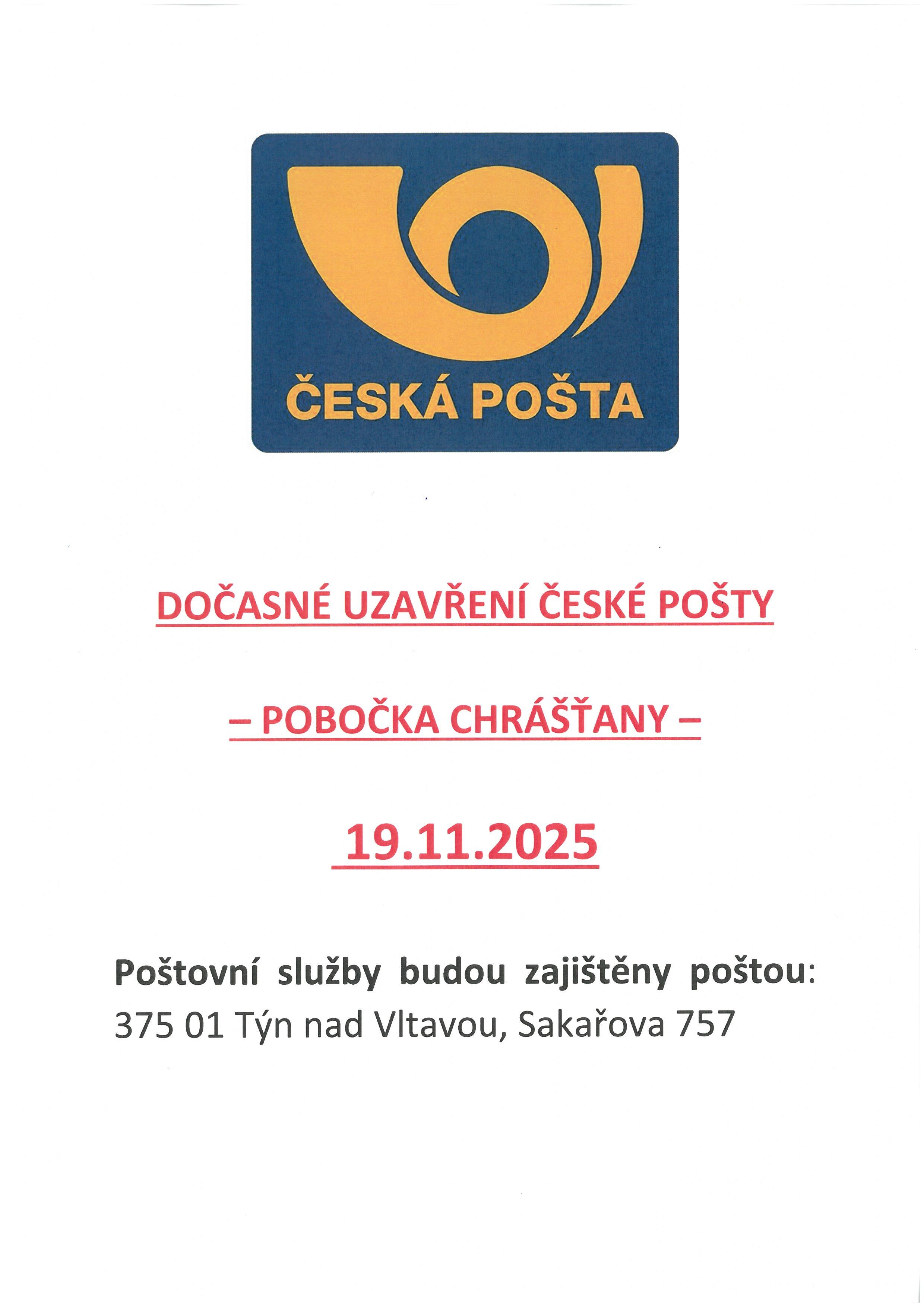 DOČASNÉ UZAVŘENÍ POBOČKY ČESKÉ POŠTY V CHRÁŠŤANECH - 19.11.2025