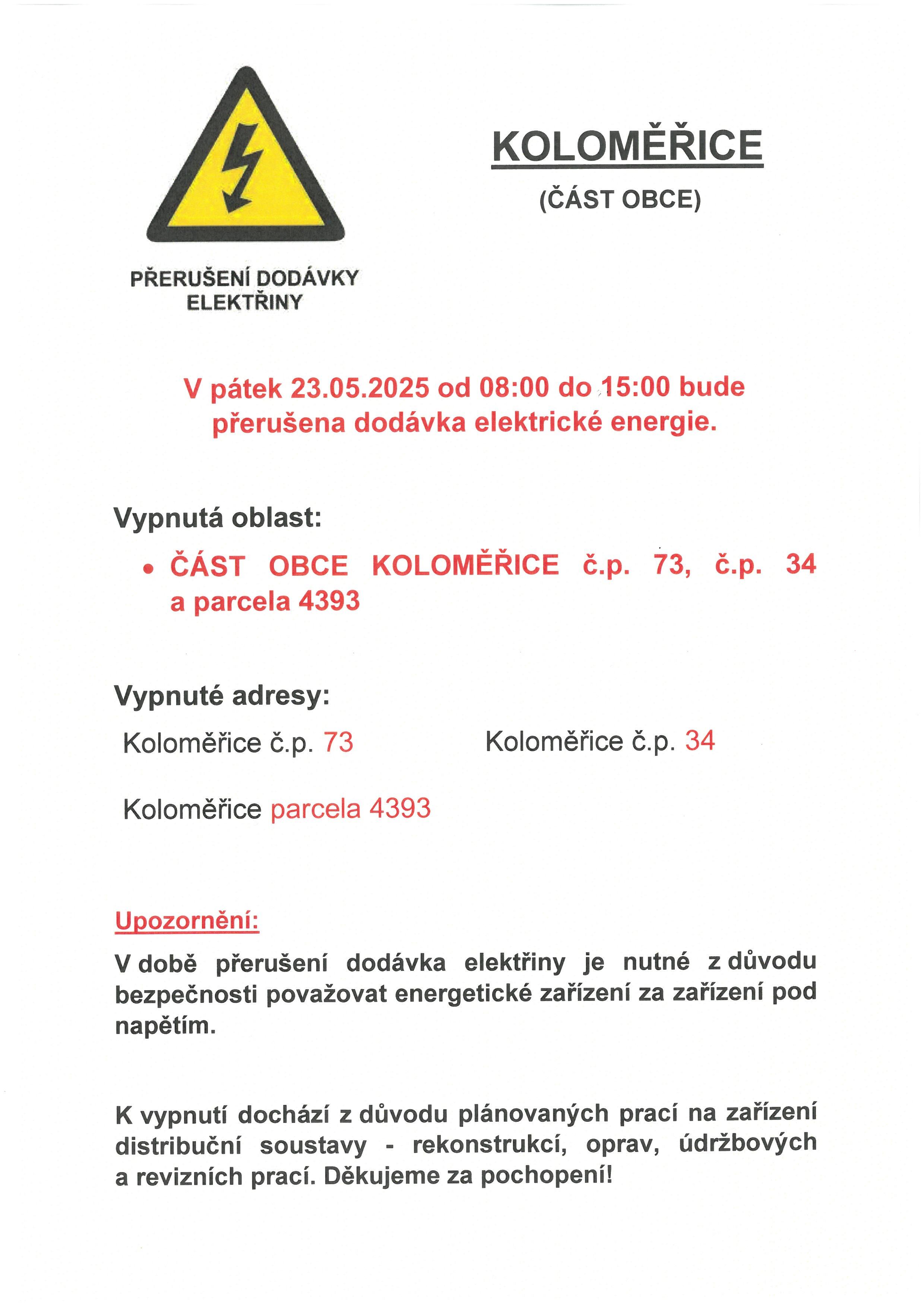 PŘERUŠENÍ DODÁVKY ELEKTŘINY 23.05.2025 - KOLOMĚŘICE