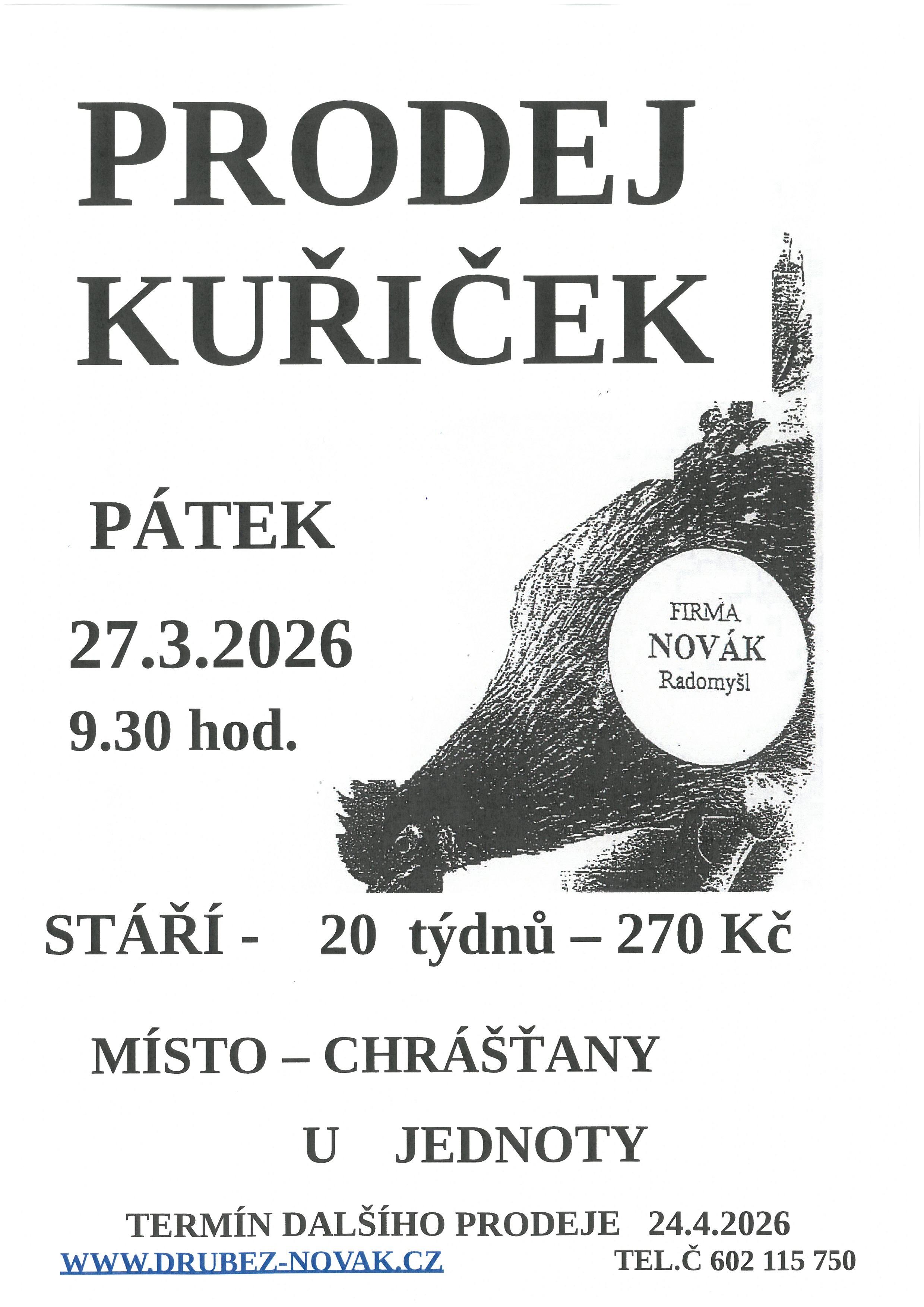 PRODEJ KUŘIČEK V OBCI CHRÁŠŤANY