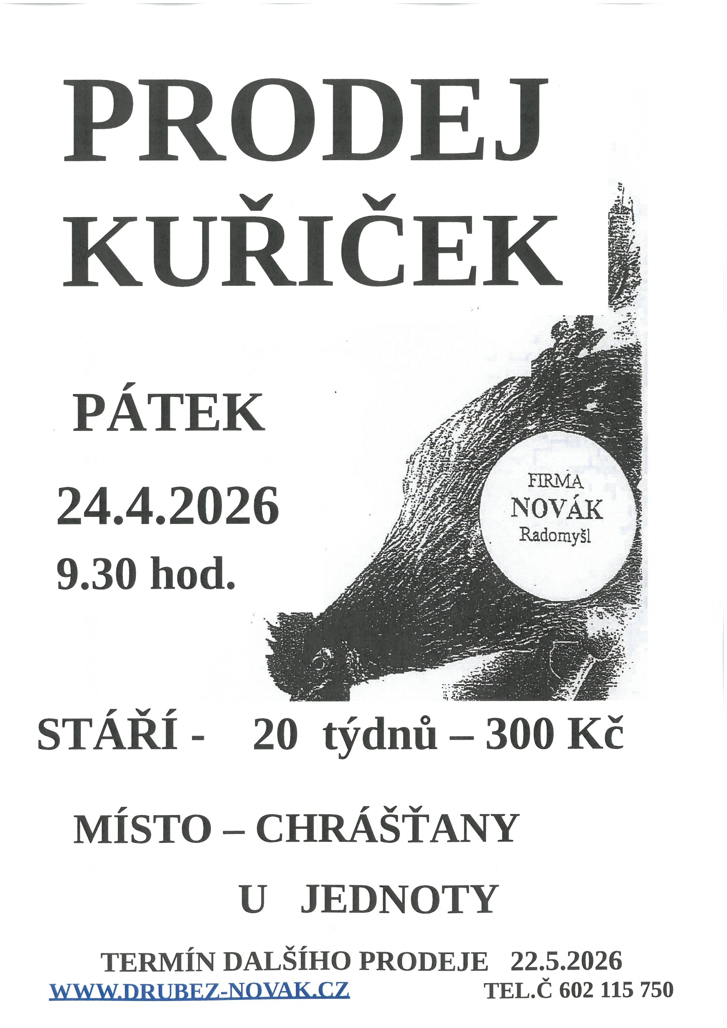 PRODEJ KUŘIČEK V OBCI CHRÁŠŤANY