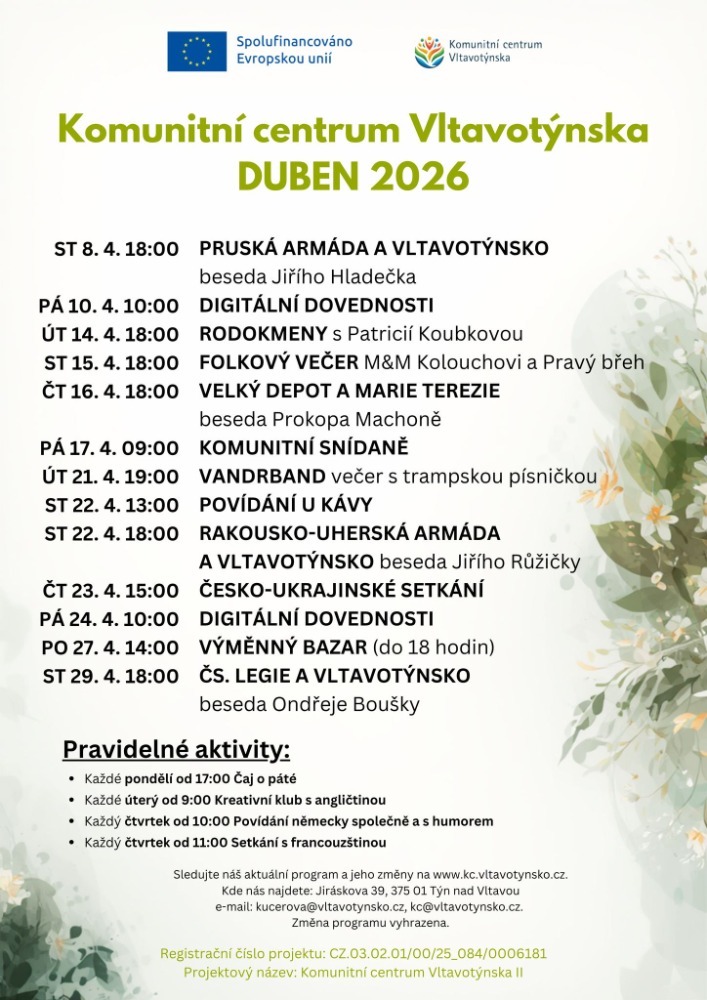 AKCE KOMUNITNÍHO CENTRA VLTAVOTÝNSKA V DUBNU 2026