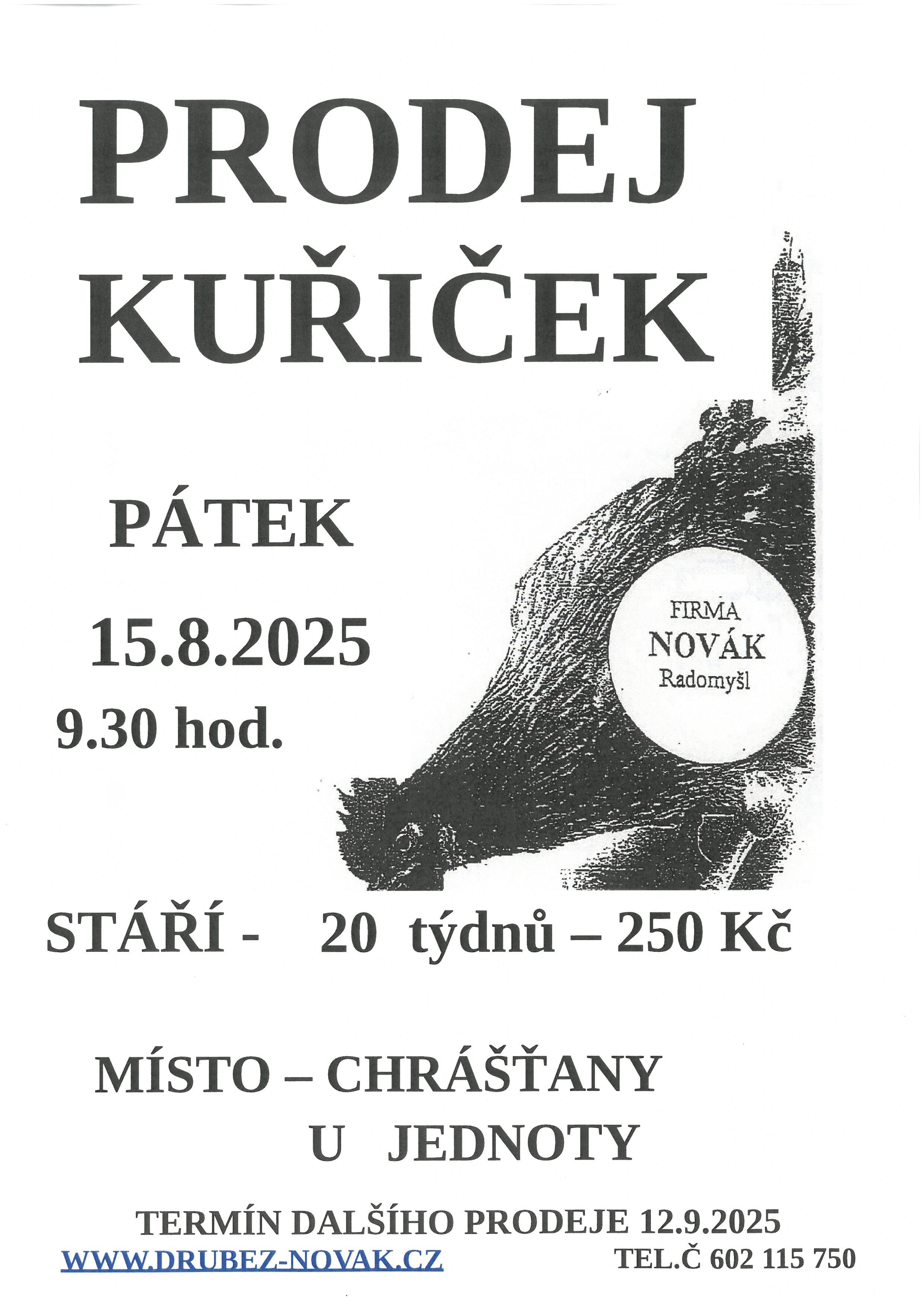 PRODEJ KUŘIČEK V OBCI CHRÁŠŤANY