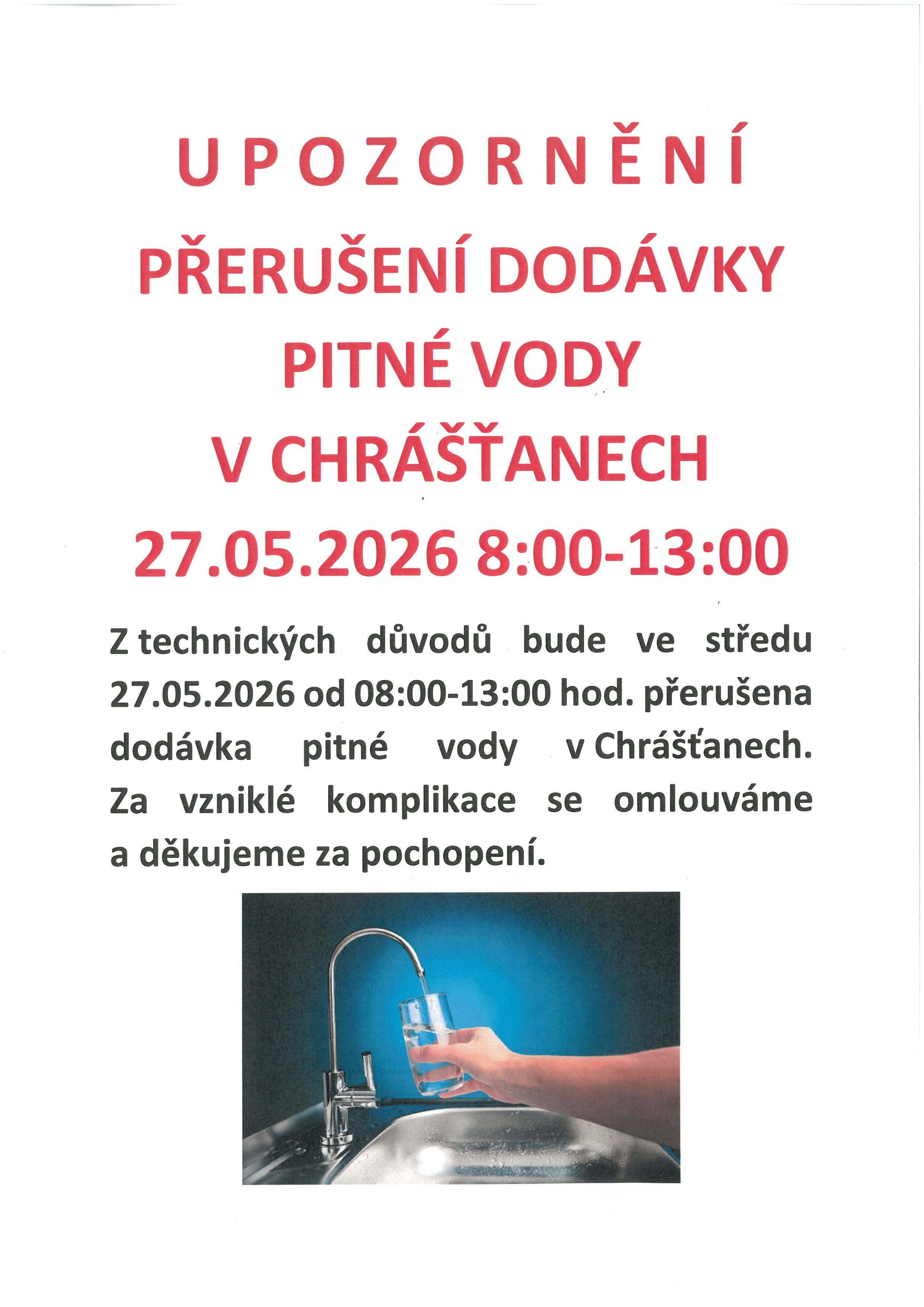 PŘERUŠENÍ DODÁVKY PITNÉ VODY V CHRÁŠŤANECH VE STŘEDU 27.05.2026