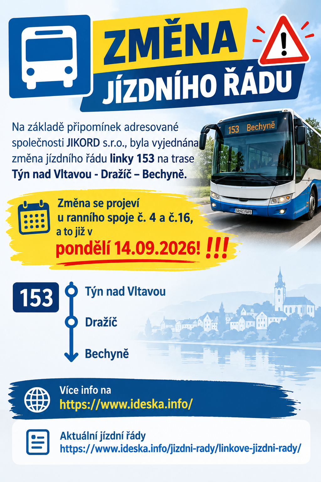 ZMĚNA JÍZDNÍHO ŘÁDU NA LINCE 153 OD 14.09.2026