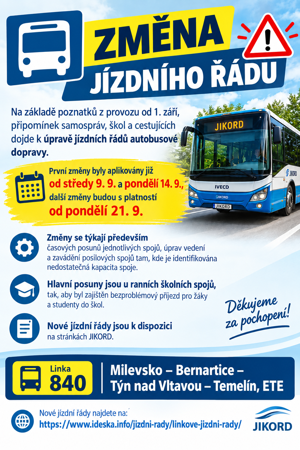 MIMOŘÁDNÉ ZMĚNY JÍZDNÍCH ŘÁDŮ AUTOBUSOVÉ DOPRAVY OD 21. 9. 2026.