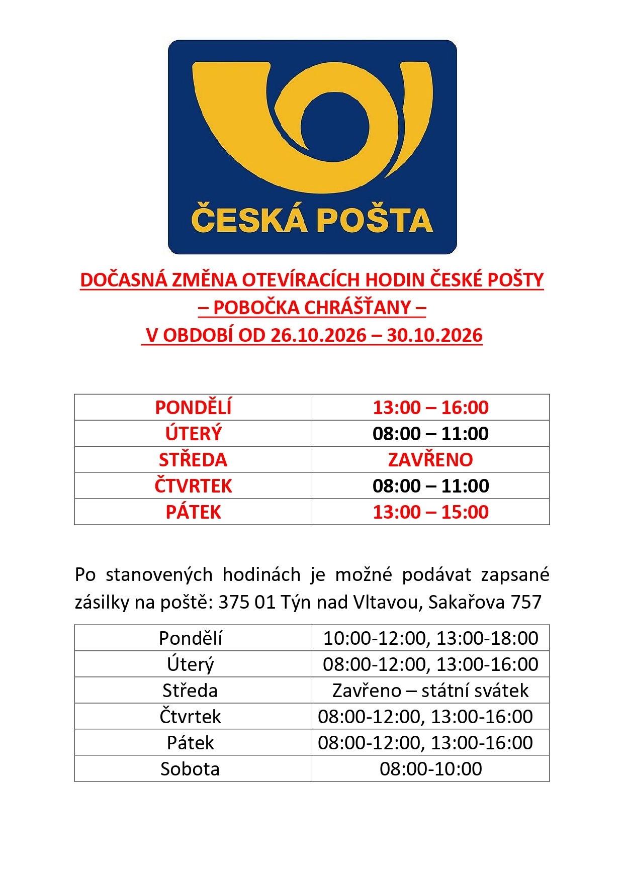 DOČASNÁ ZMĚNA OTEVÍRACÍCH HODIN ČESKÉ POŠTY V CHRÁŠŤANECH
